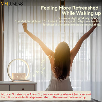 Vivilumens Sunrise Alarm Clock Wireless Charger, 10 White Noise Sound Machine Alarm Clock with 30/60/90 Mins Timer, 3 Levels Touch Night Light Dual Clocks for Heavy Sleeper Bedroom Decor Gift for Her