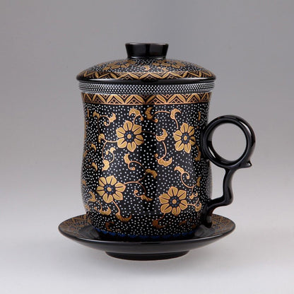 Porcelain Tea Cup with Infuser Lid and Saucer Sets - Chinese Jingdezhen Ceramics Coffee Mug Teacup Loose Leaf Tea Brewing System for Home Office