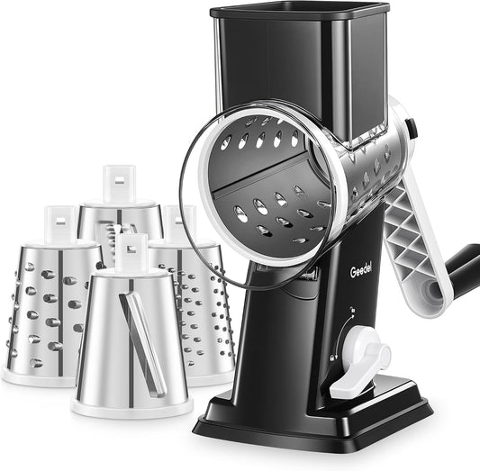 Geedel Upgraded Rotary Cheese Grater Hand Crank, Vegetable Shredder Slicer | 4 Blades, Stronger Suction Base, Wider Chute, 18x Faster Cutting, No BPA, Stainless Steel, for Cheese, Veggies, Nut