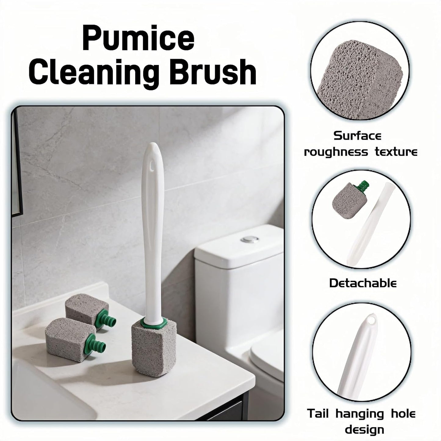 Pumice Stone Toilet Bowl Cleaner with Long Handle, 9.65 Inch, Includes 1 Handle and 3 Pumice Stones, Hard Water Stain Remover for Toilet, Bathtub, Tile, Grill