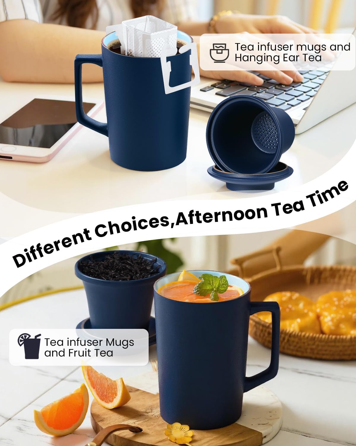 15 oz Ceramic Tea Infuser Cup with Lid - Tea Mug with All Porcelain Strainer for Loose Leaf Teas,Microwave and Dishwasher Safe,Metal-Free,BPA-Free for Tea Lovers/Birthday (Black)