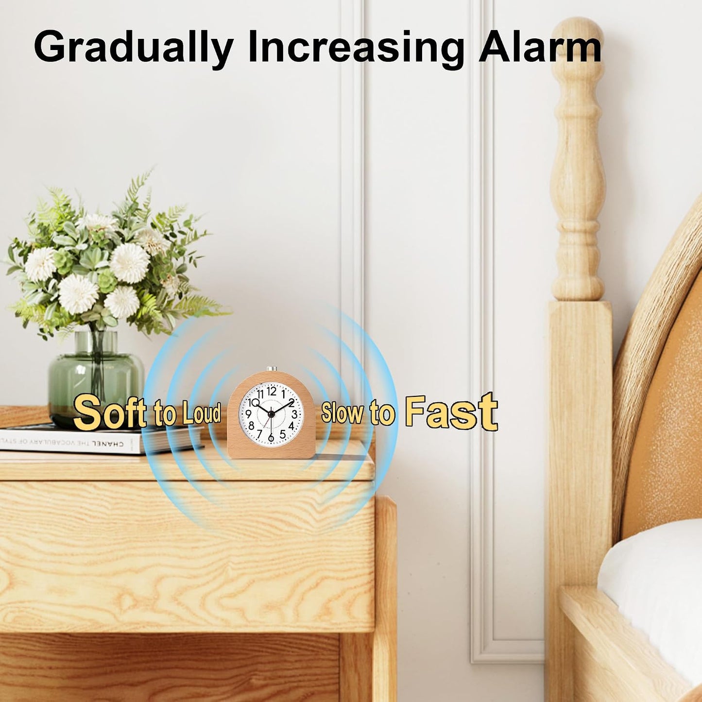 Lafocuse Silent Bedside Alarm Clock, Wood Frame Analog Alarm Clock with Snooze, Nightlight Function, Desk Table Clocks for Bedroom Home Kitchen