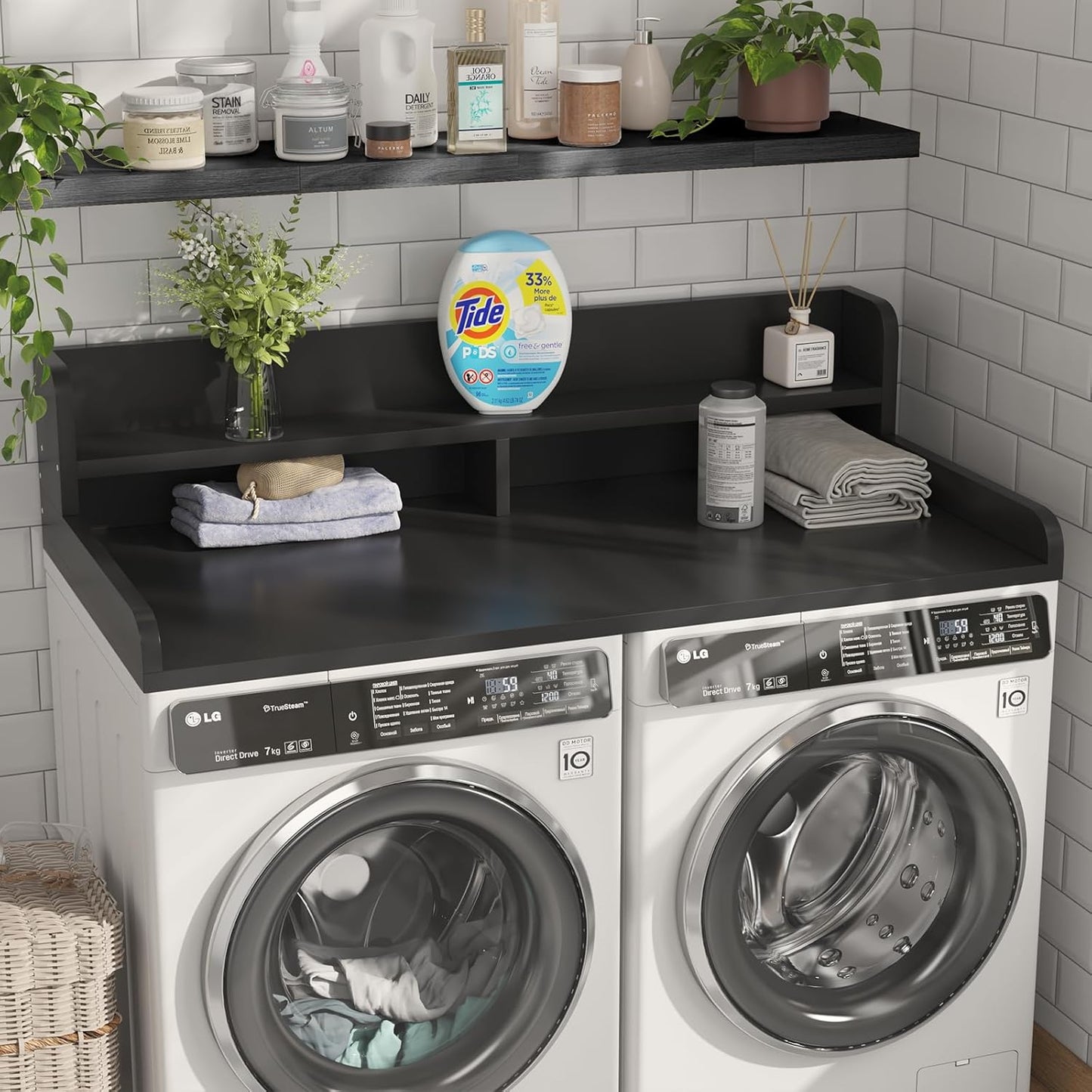 2-Tier Washer Dryer Countertop with 2.75" H Edge Rails, 54" W x 27.55" D Laundry Countertop for Folding Clothes, Washer and Dryer Topper with Non-Slip Pad (Dark Walnut)
