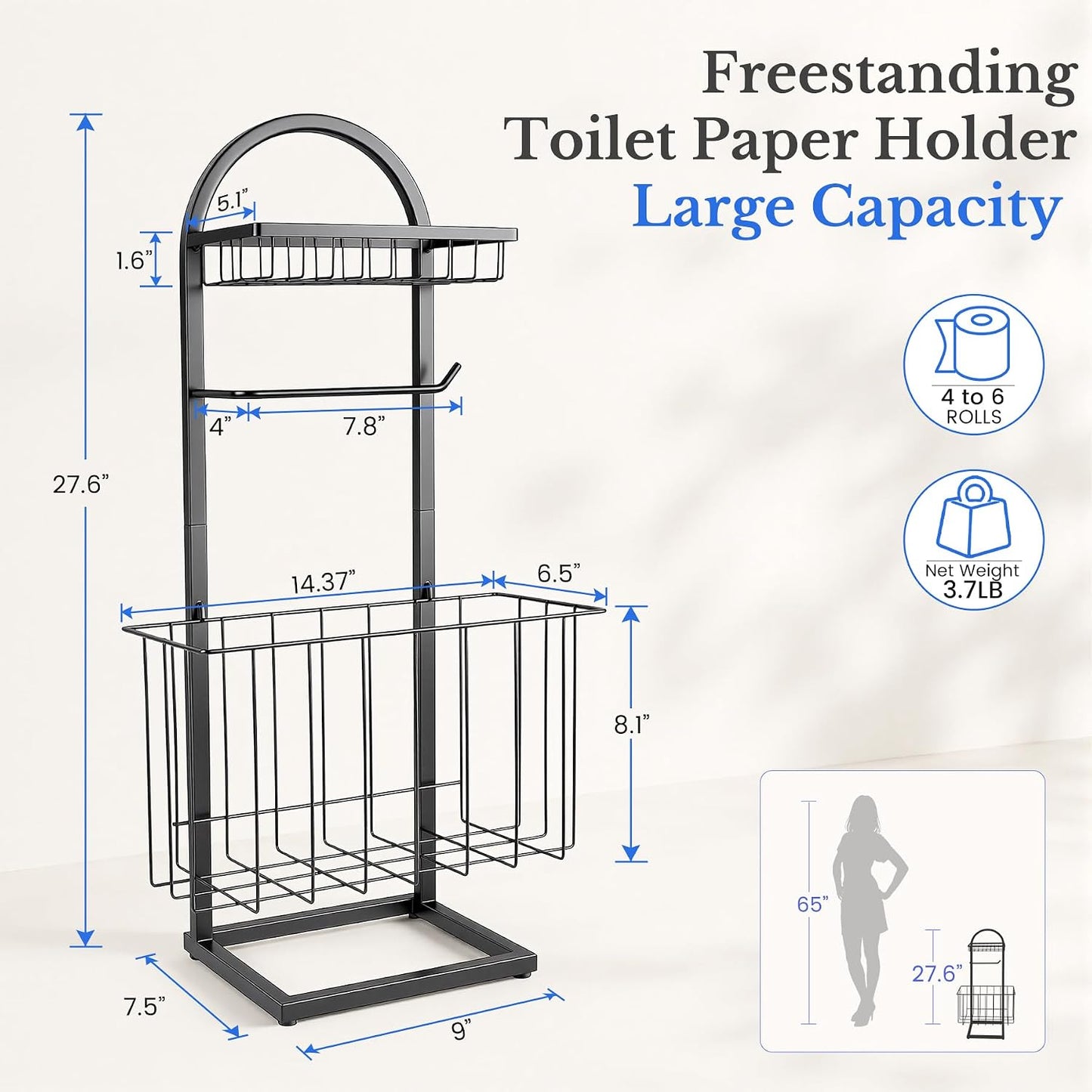 Toilet Paper Holder Stand Freestanding with Storage Basket for Bathroom | Freestanding Toilet Paper Stand for Bathroom,Heavy Duty Tissue Roll Holder Rack with Top Shelf for Organizer,black