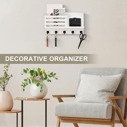 Key Holder Wall Mount, Mail Organizer for Wall with 5 Square Key Hooks | Key Holder for Wall, Key Holder with Shelf Farmhouse Home Decor for Home Entryway