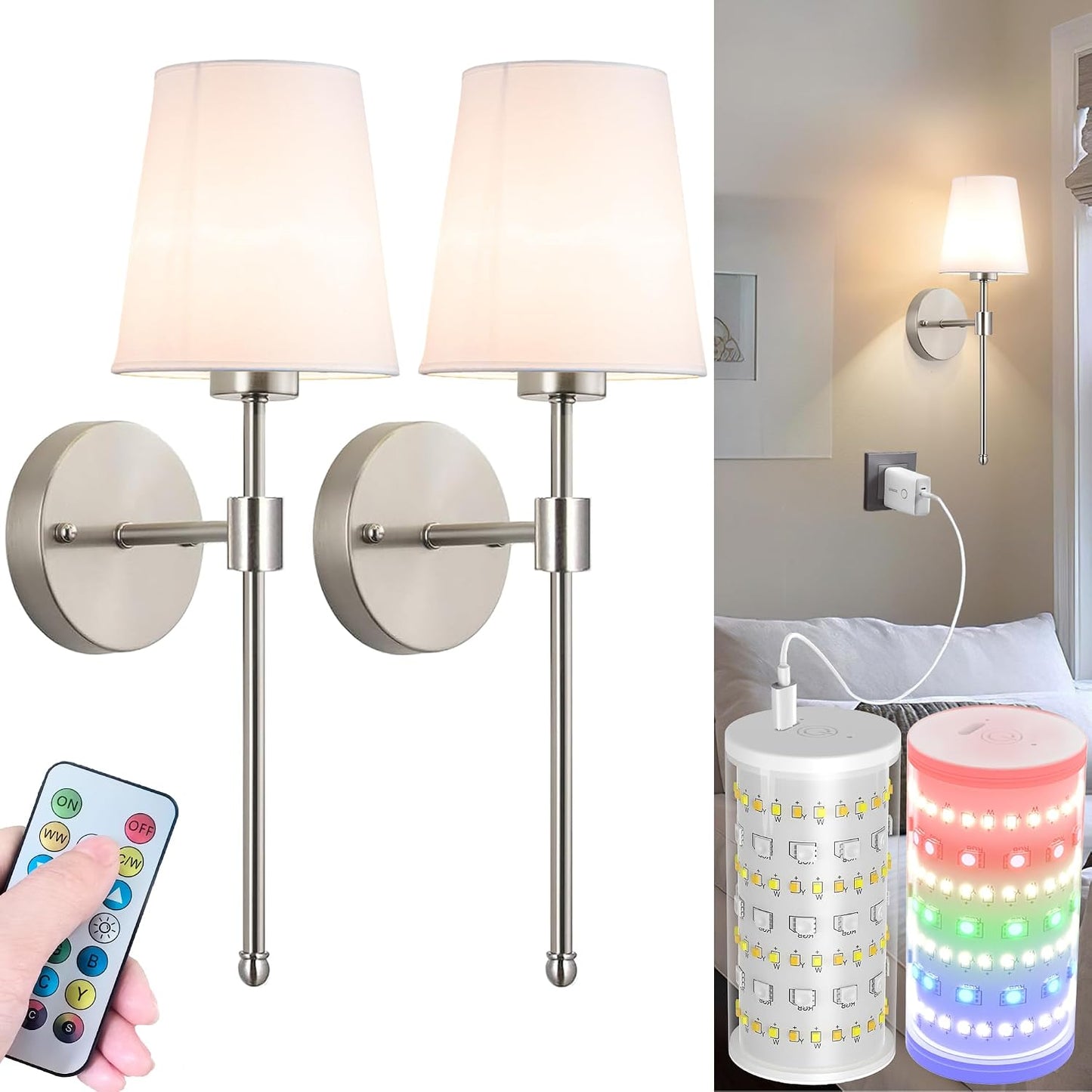 Battery Operated Wall Sconces Set Of Two, Wireless Battery Wall Light With 10000mAh RGB Rechargeable Magnetic Bulb, Rechargeable Wall Sconce With Remote Control For Bedroom, No Electrician Required