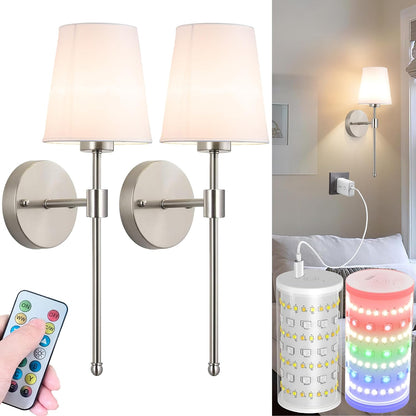 Battery Operated Wall Sconces Set Of Two, Wireless Battery Wall Light With 10000mAh RGB Rechargeable Magnetic Bulb, Rechargeable Wall Sconce With Remote Control For Bedroom, No Electrician Required