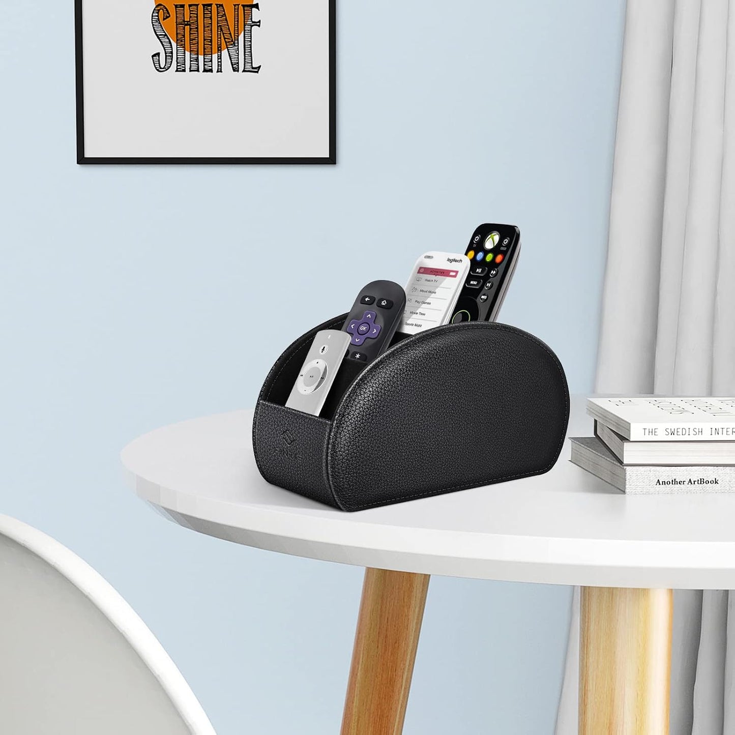 FINTIE Remote Control Holder with 6 Compartments Vegan Leather | TV Remoter Caddy Desktop Makeup Brush Holder Storage, Fits TV Remotes, Media Controllers, Office Supplies, Black