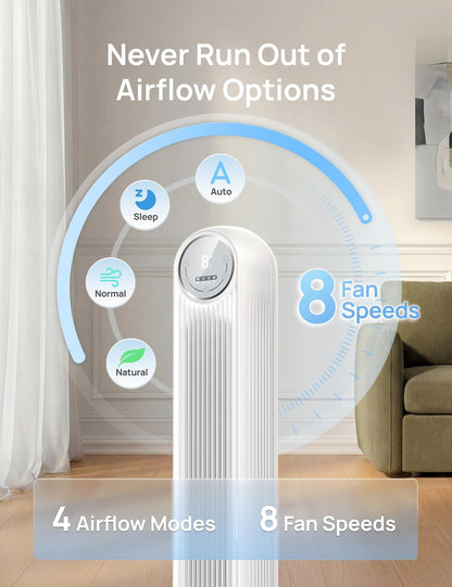 DREO Tower Fan for Bedroom, 26ft/s Velocity, 90° Oscillating, 8H Timer