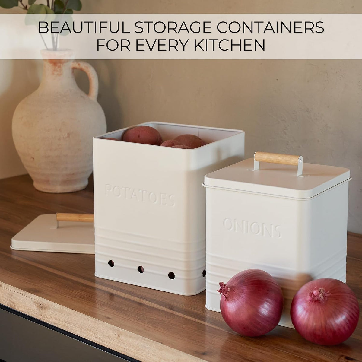 Beautiful Potato and Onion Storage Container Set - Food Safe Metal Bins