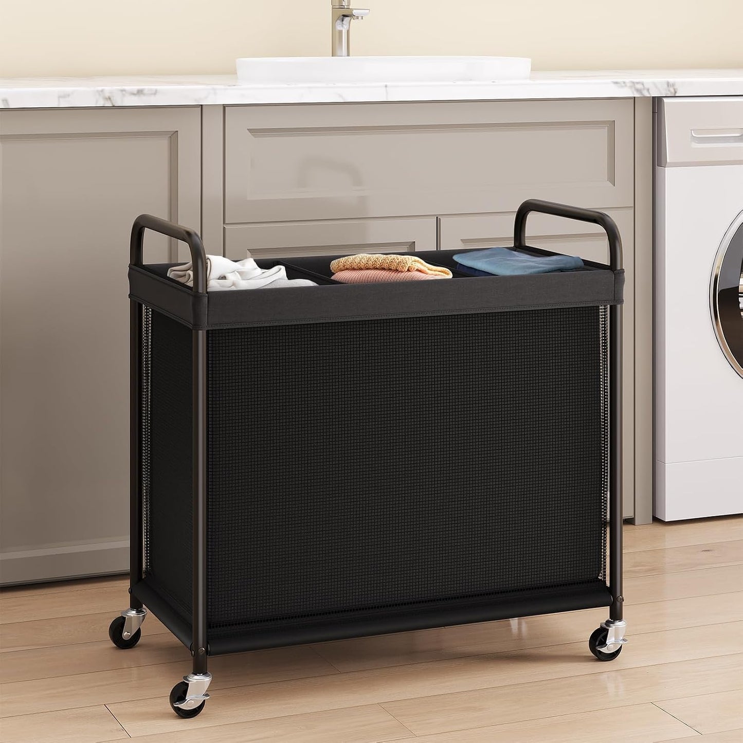 ELYKEN Laundry Hamper 2 Section, 100L Rolling Laundry Sorter with Wheels | Removable Washable Liner Bags, Sturdy Steel Frame and Metal Handle, Double Compartment Clothes Organizer for Laundry Sorting