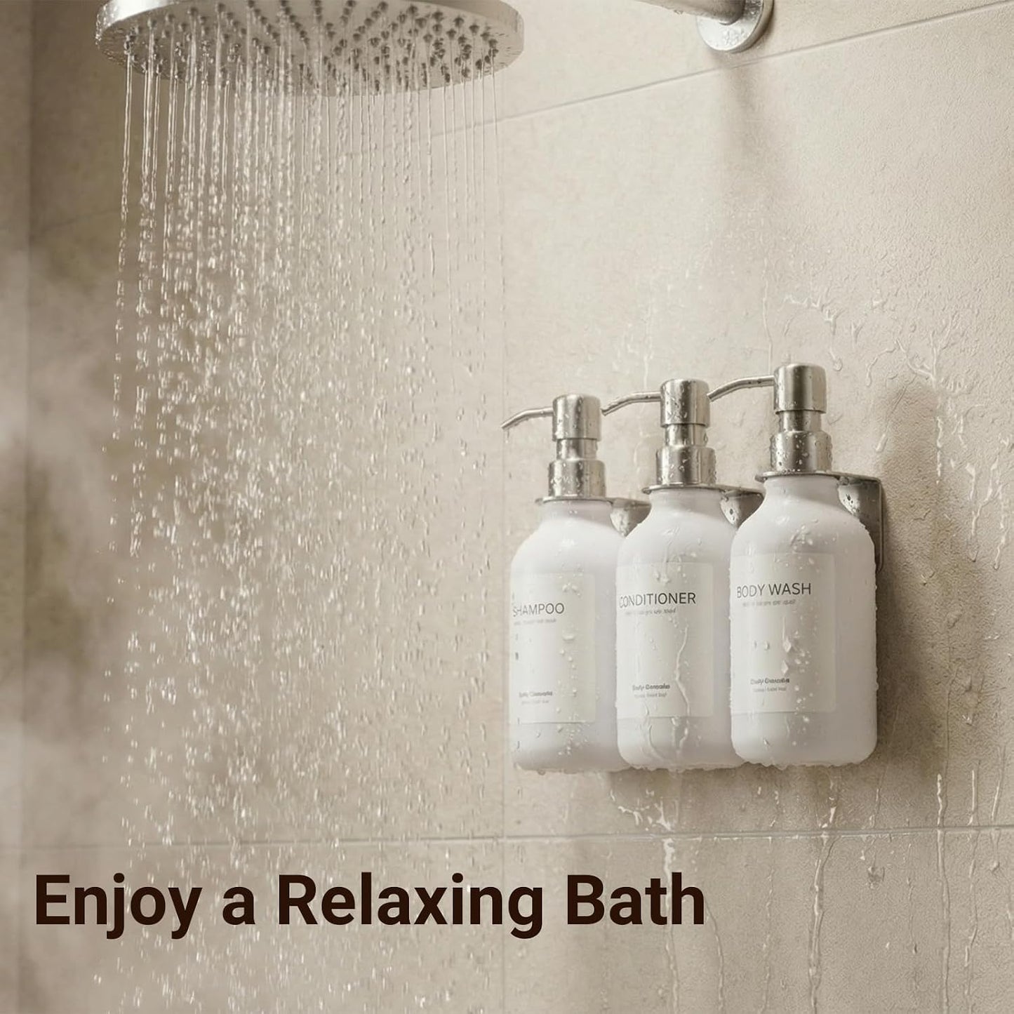 Shampoo and Conditioner Dispenser - Shower Soap Dispenser 3 Chamber No Drill - Bathroom Soap Dispenser Wall Mount Adhesive - Clear PET Bottles with Nature Bamboo Pumps Set Refillable 1500ml