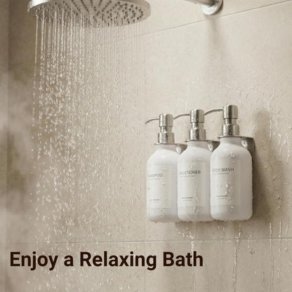 Shampoo and Conditioner Dispenser - Shower Soap Dispenser 3 Chamber No Drill - Bathroom Soap Dispenser Wall Mount Adhesive - Clear PET Bottles with Nature Bamboo Pumps Set Refillable 1500ml