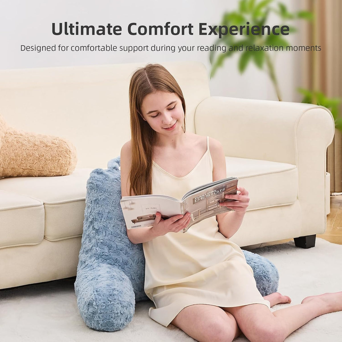 Reading Pillow, Rose Velvet Back Pillow with Arms for Bed Sitting Up, Bed Pillow for Adult Children, Backrest Pillows with Washable Cover, Chair Pillow for Watching TV/Gaming/Relaxing (Pink)