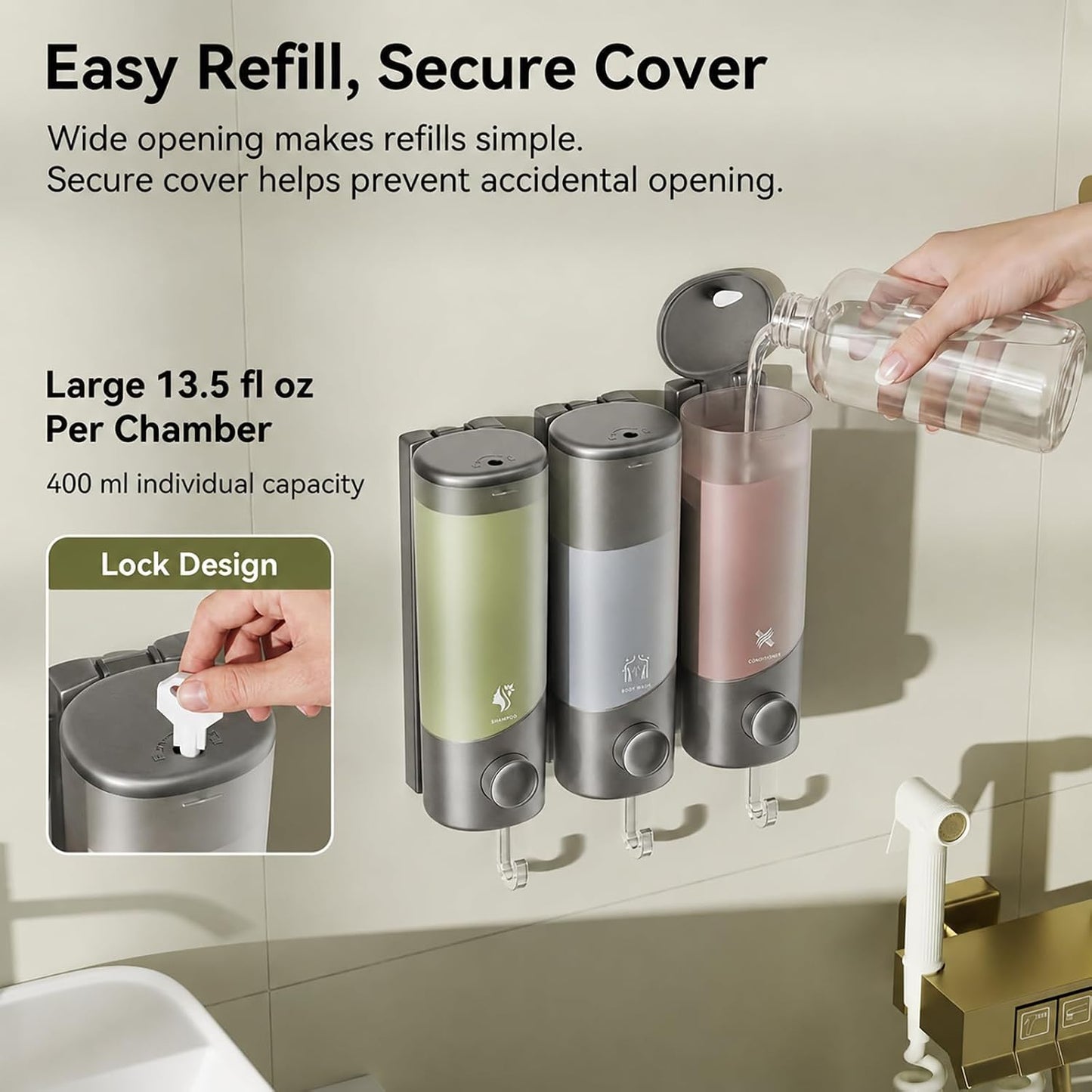 Shampoo and Conditioner Dispenser Wall Mounted with Hooks, 3-Chamber 1200ML Shower Soap Dispenser, No-Drill Bathroom Shower Organizer for Shampoo, Conditioner, Body Wash（Gun Grey）
