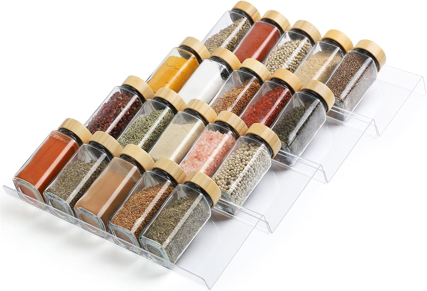Spice Drawer Organizer 4 Tier, Acrylic Seasoning Organizer Rack, Large | Clear Spice Rack Tray, Kitchen Seasoning Jars Drawers Insert (Jars Not Included/ Expandable From 13" to 26")