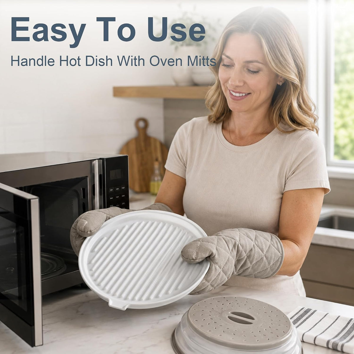ONEMORE Microwave Bacon Cooker, 13" Ceramic Bacon Tray with Splatter Cover