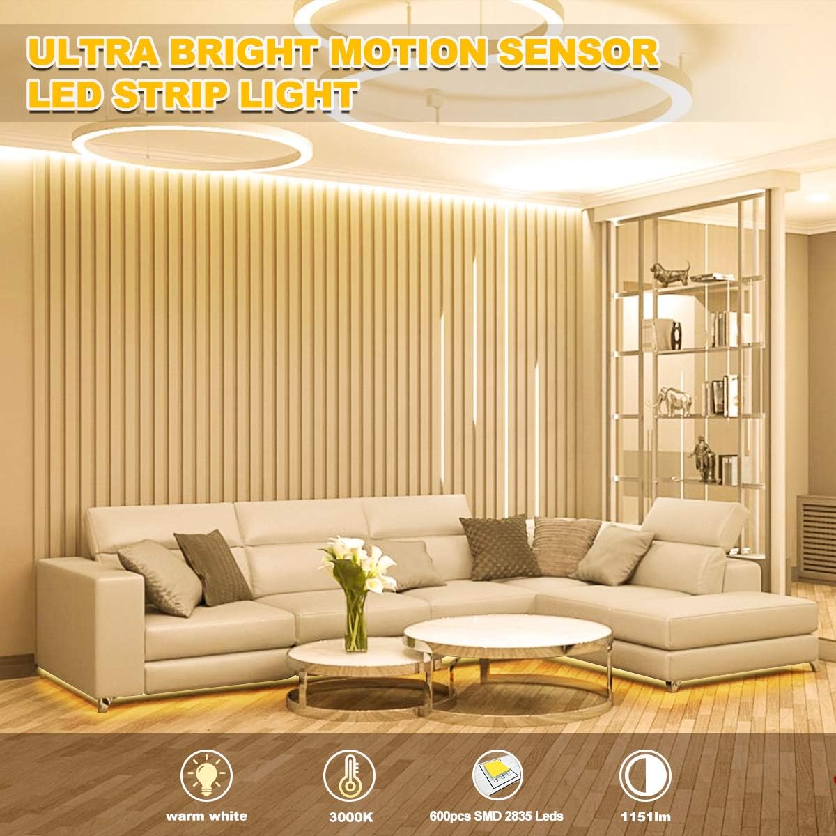 MY BEAUTY LIGHT Motion Activated LED Strip Lights, 16.4ft LED Light Strip with Day or Night 2 Lighting Modes, 3 Timing Off Modes, Bright White 12v Plug-in LED Rope Lights for Under Cabinet, Kitchen