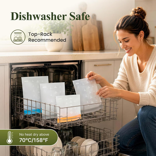 IDEATECH Reusable Bags Dishwasher Safe, BPA Free Reusable Gallon Freezer Bags, Stand Up Leakproof Food Storage Bags for Marinate Meats, Salad Fruit, Vegetables, Home Organization -Gray 6 Large Bags