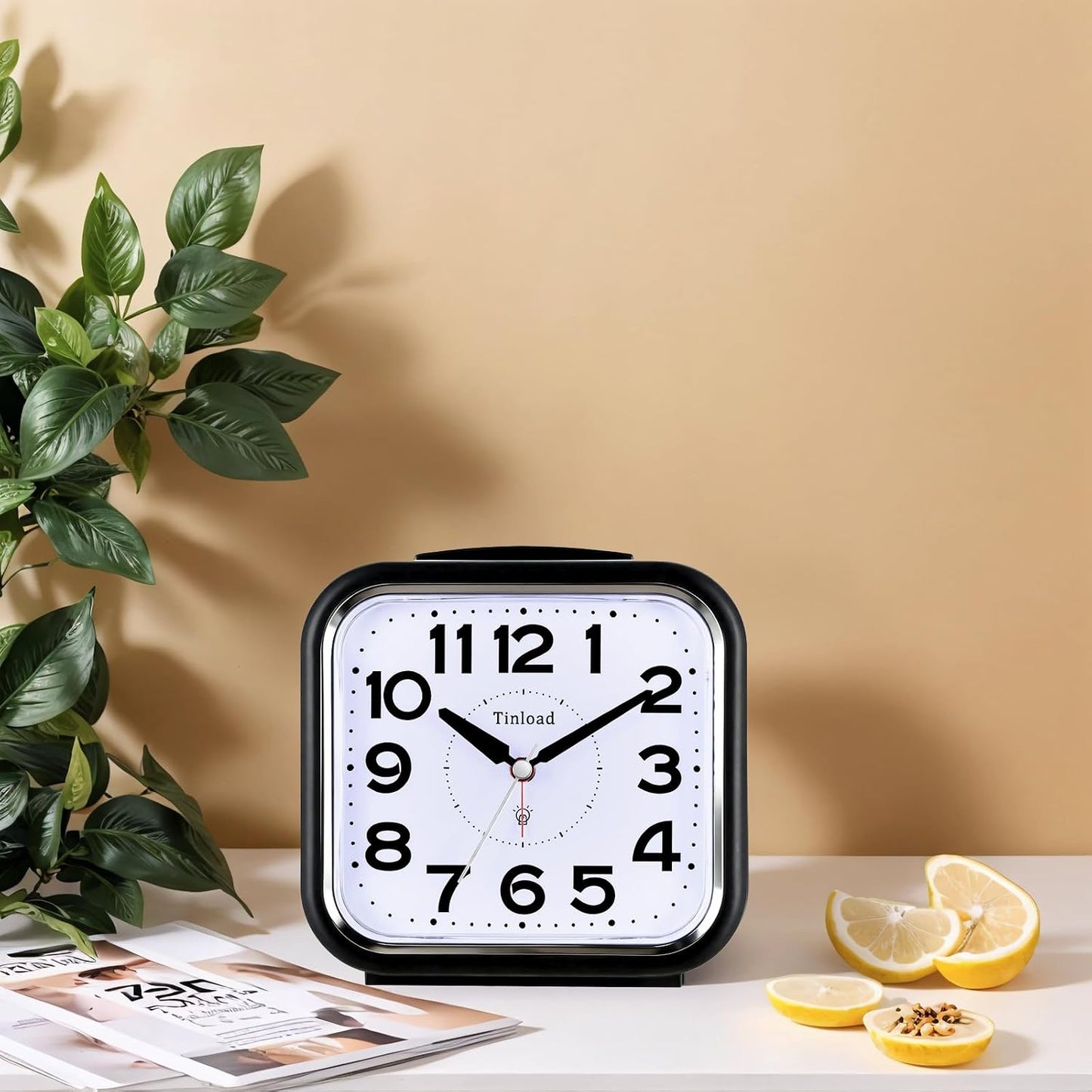 Tinload 5.5" Large No Ticking Analog Alarm Clock,Silent Readable for Seniors,Easy to Set,Gradual Rise Alarm,Big Numbers,Gentle Wake,Snooze, Lighted on Demand,Battery Operated,Black