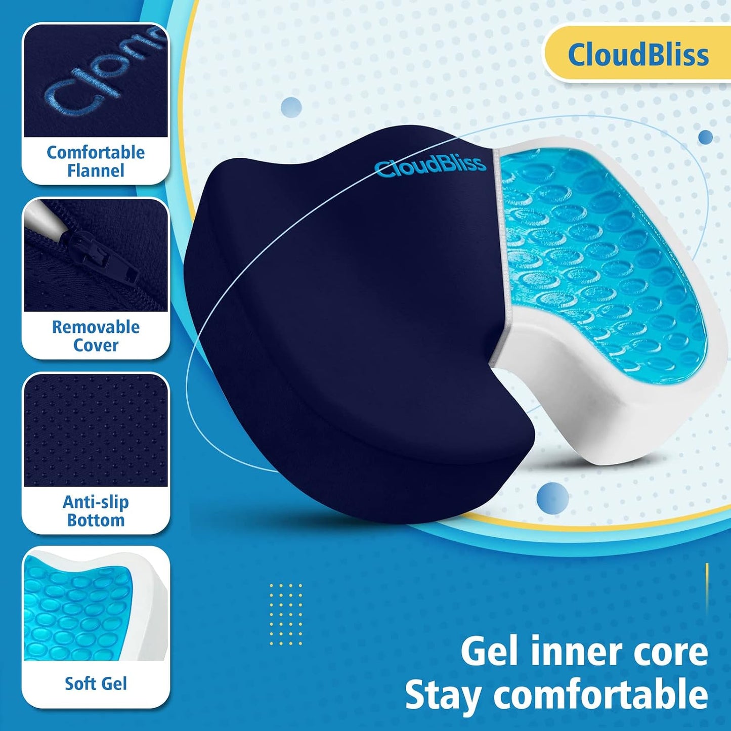 CloudBliss Gel Memory Foam Seat Cushion for Long Sitting, Large, Black | Gel Chair Pad for Tailbone, Coccyx, Sciatica , Soft Suede Cover, Non-Slip , Washable Mesh, for office, home, car