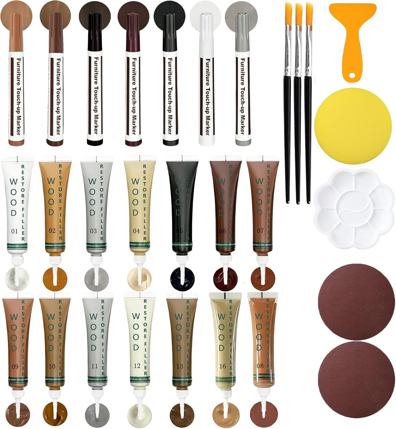 Wood Repair Kit - Scratch Repair Set of 21 - Wood Filler and Furniture Markers for Touching Up Hardwood Scratches, Holes, Cracks, Stains, Laminate Floor, Cabinets, and Tables