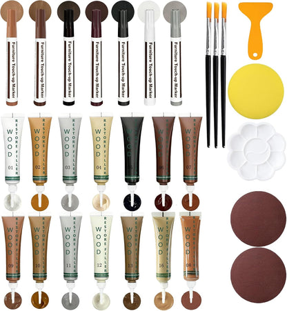 Wood Repair Kit - Scratch Repair Set of 21 - Wood Filler and Furniture Markers for Touching Up Hardwood Scratches, Holes, Cracks, Stains, Laminate Floor, Cabinets, and Tables