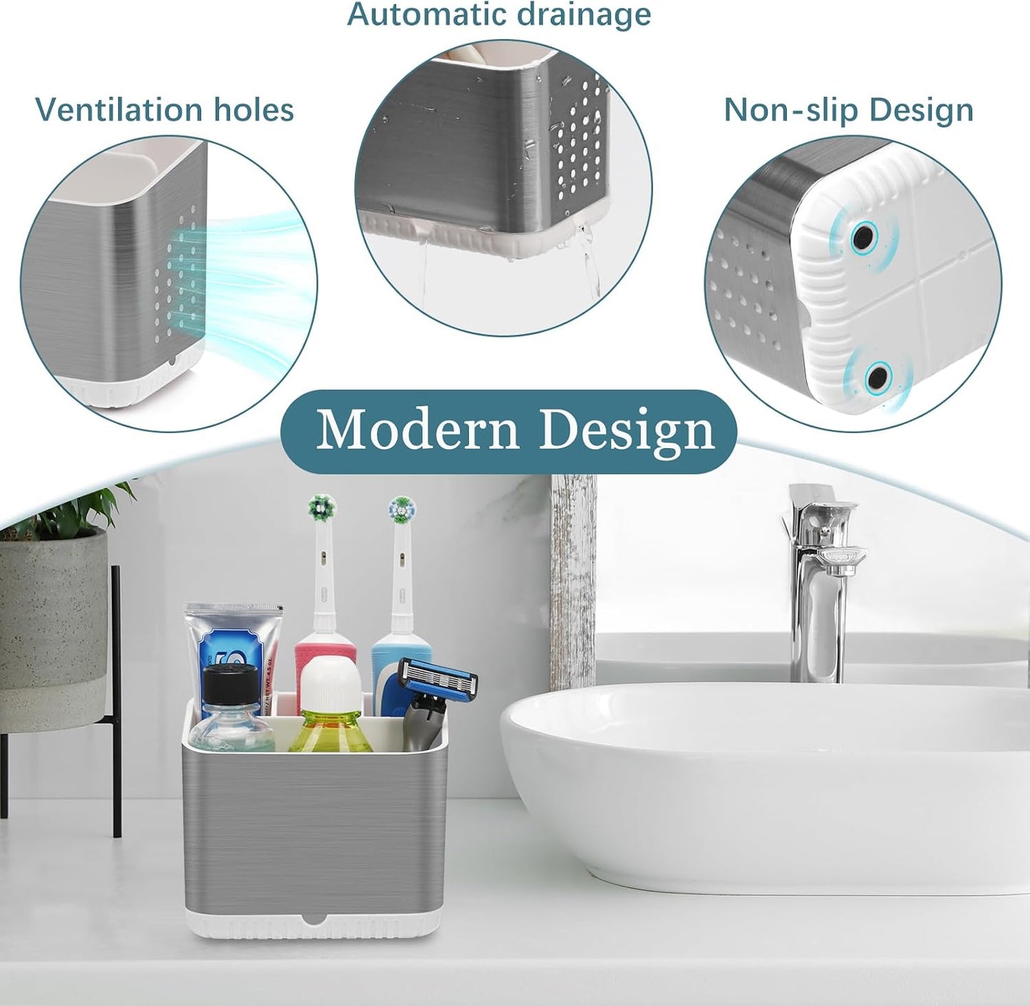 Bathroom Toothbrush Holders, Toothbrush and Toothpaste Holder (Wood Grain) | Easy To Clean, Drainage, Removable, Non-Slip, 4 Slots Tooth Brush Holder for Bathroom Countertop Organizer