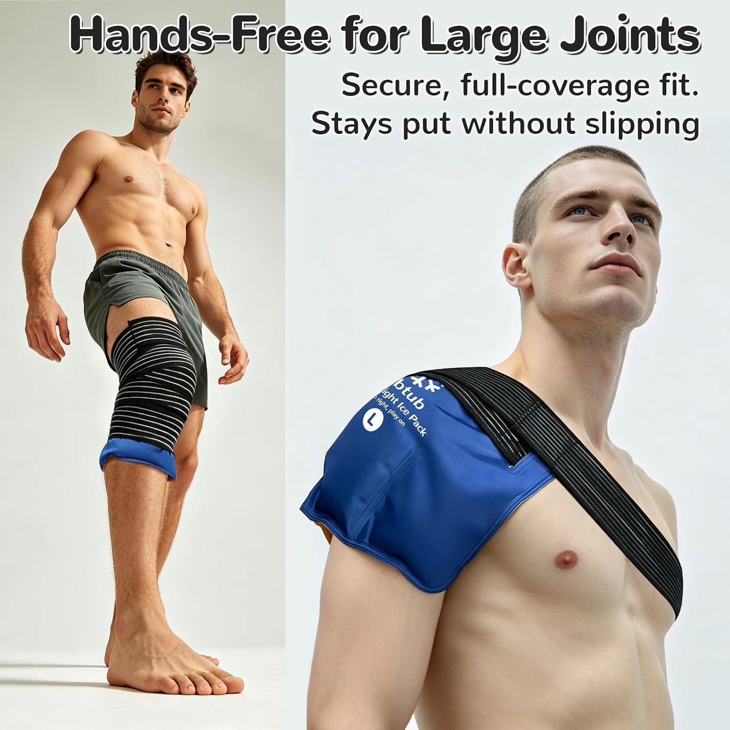 WrapRight Large Ice Pack for Injuries Reusable with Bandage for Knee | Hands-free Cold Therapy, 10"×16" L-Size for Ankle, Leg, Shoulder, Back, Flexible Gel, Dual-sided for Sensitive Skin