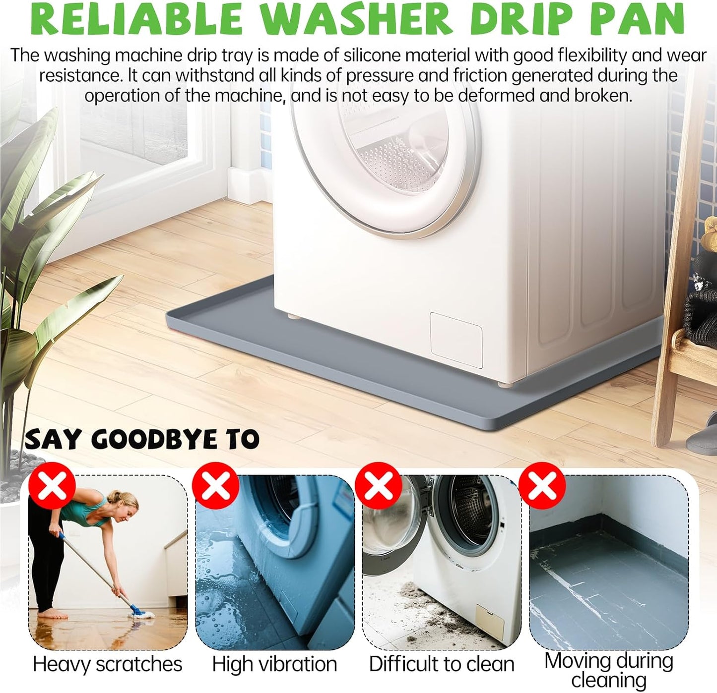 Washing Machine Drain Pan, 27x27 Inch Silicone Mat with Raised Edge | Waterproof Leak Protector Tray for Under Washer and Dryer, Anti-Slip and Foldable Laundry Room Mat