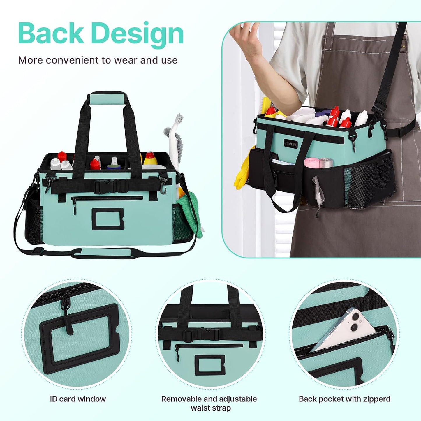 JKAOO Large Wearable Cleaning Caddy Bag with Handles, Denim Blue | Adjustable Shoulder & Waist Straps, Removable, Waterproof Tote for Cleaning Supplies, Home, Car, Office