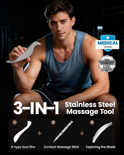 lifechill 304 Stainless Steel 3-in-1 Stainless Steel Gua Sha Tool, Professional Trigger Point Massage Tools & Fascia Release Scraper for Muscle Pain Relief of Neck, Shoulder, Leg & Body