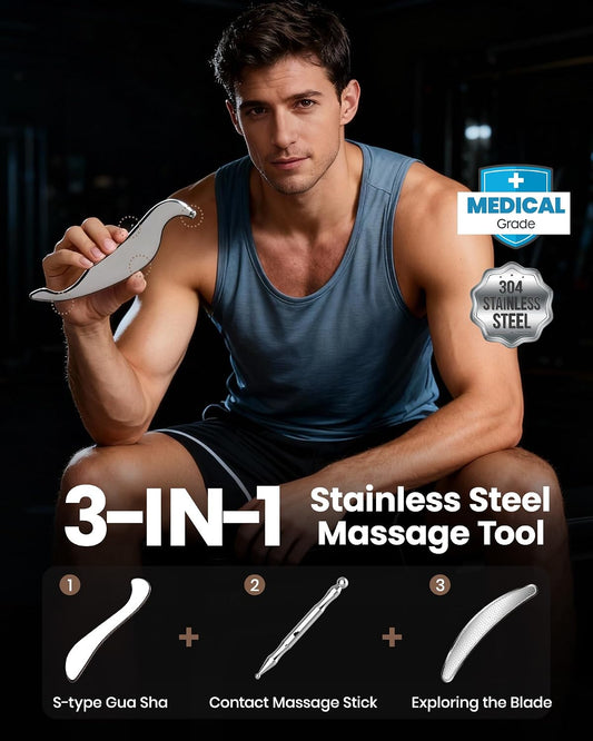 lifechill 304 Stainless Steel 3-in-1 Stainless Steel Gua Sha Tool, Professional Trigger Point Massage Tools & Fascia Release Scraper for Muscle Pain Relief of Neck, Shoulder, Leg & Body