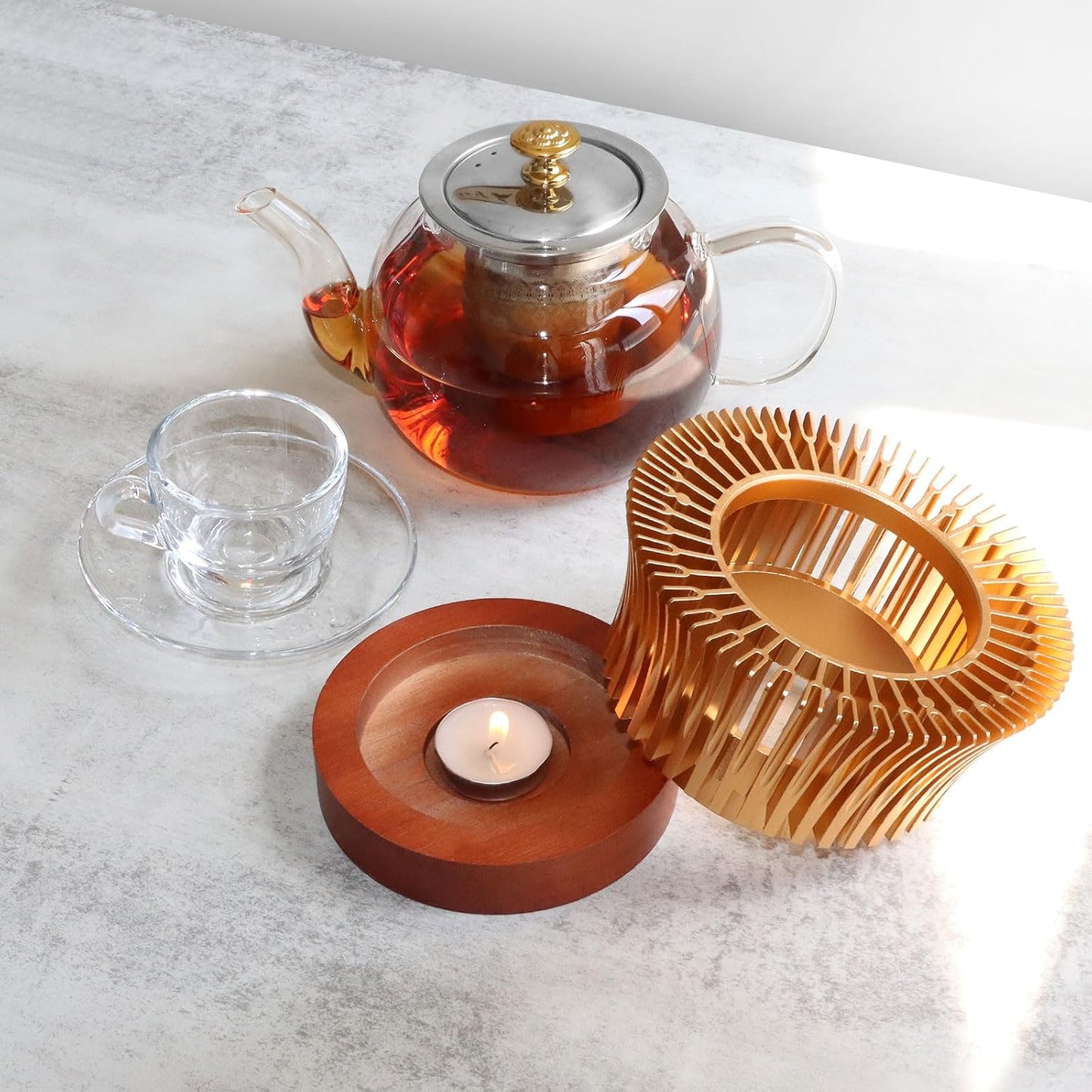 Tea Warmer, Aluminum Alloy & Wood, for Heating Tea Coffee Milk | Magnolia Flower Design, Golden, Short Teapot Warmer for Indoor & Outdoor