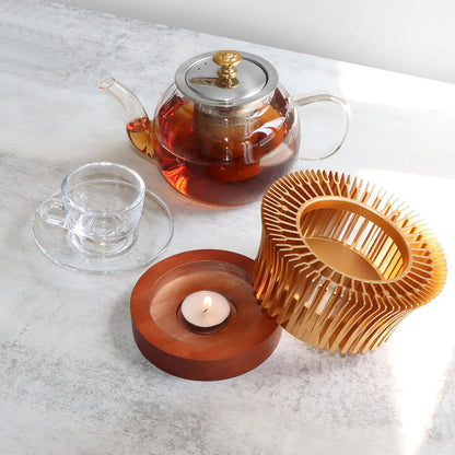 Tea Warmer, Aluminum Alloy & Wood, for Heating Tea Coffee Milk | Magnolia Flower Design, Golden, Short Teapot Warmer for Indoor & Outdoor
