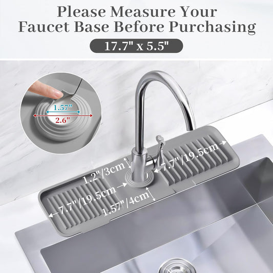 PoYang 23.6 Inch Silicone Sink Splash Guard, Kitchen Sink Mat, Grey | Faucet Mat with Wide Drainage & Cuttable Hole, Keeps Faucet Base Dry, Long & Short Sink Protectors for Kitchen, Bathroom & RV