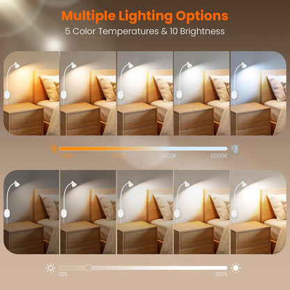 Wall Mounted Reading Light, LED Wall Bedside Lamp with Adapter, 5 Color & 10 Brightness, Plug-in Adhesive Wall Reading Lights for Books in Bed, Auto-Off Timer Wall Lights for Bedroom Headboard Black