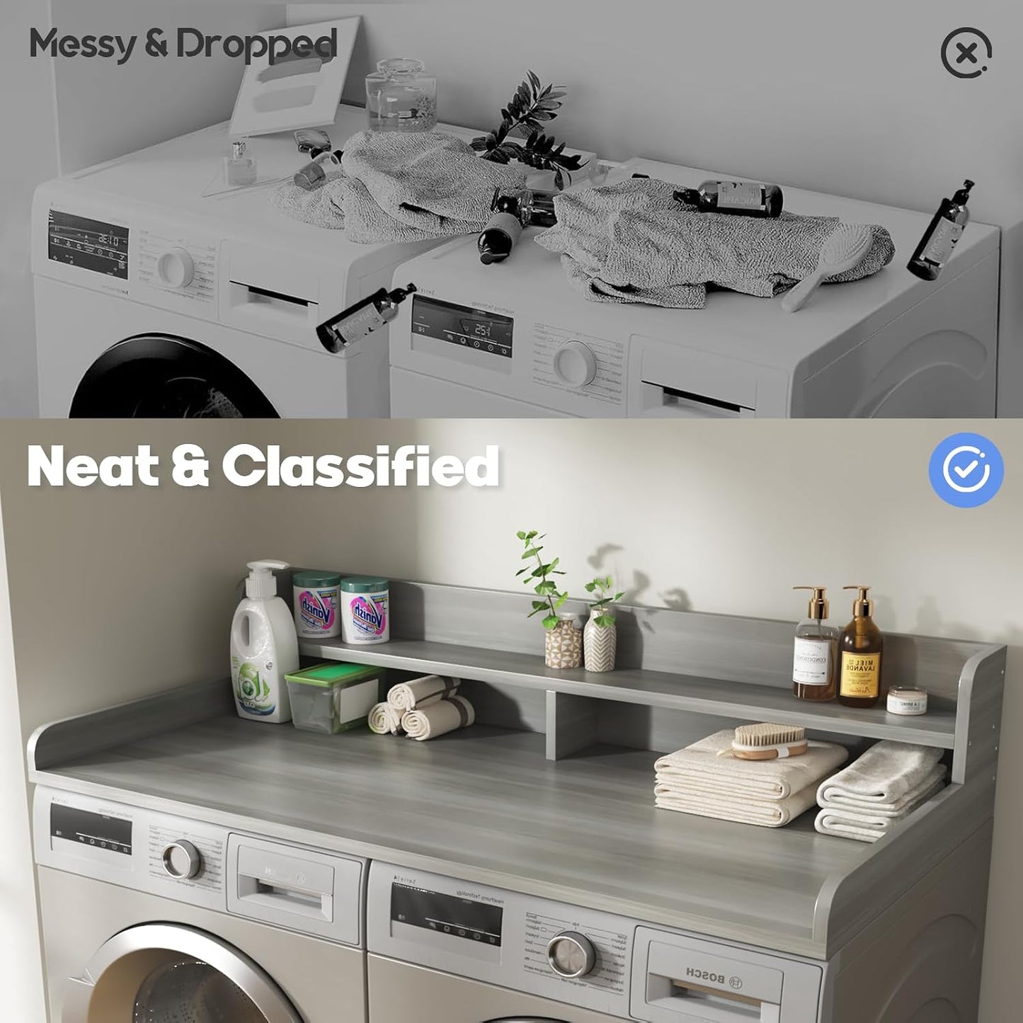 2-Tier Washer and Dryer Countertop with 2.75" H Guard,54" W x 27.5" D Laundry Countertop Cover with Non-Slip Pad,Large Space Laundry Topper for Folding Clothes Over Washer and Dryer-White