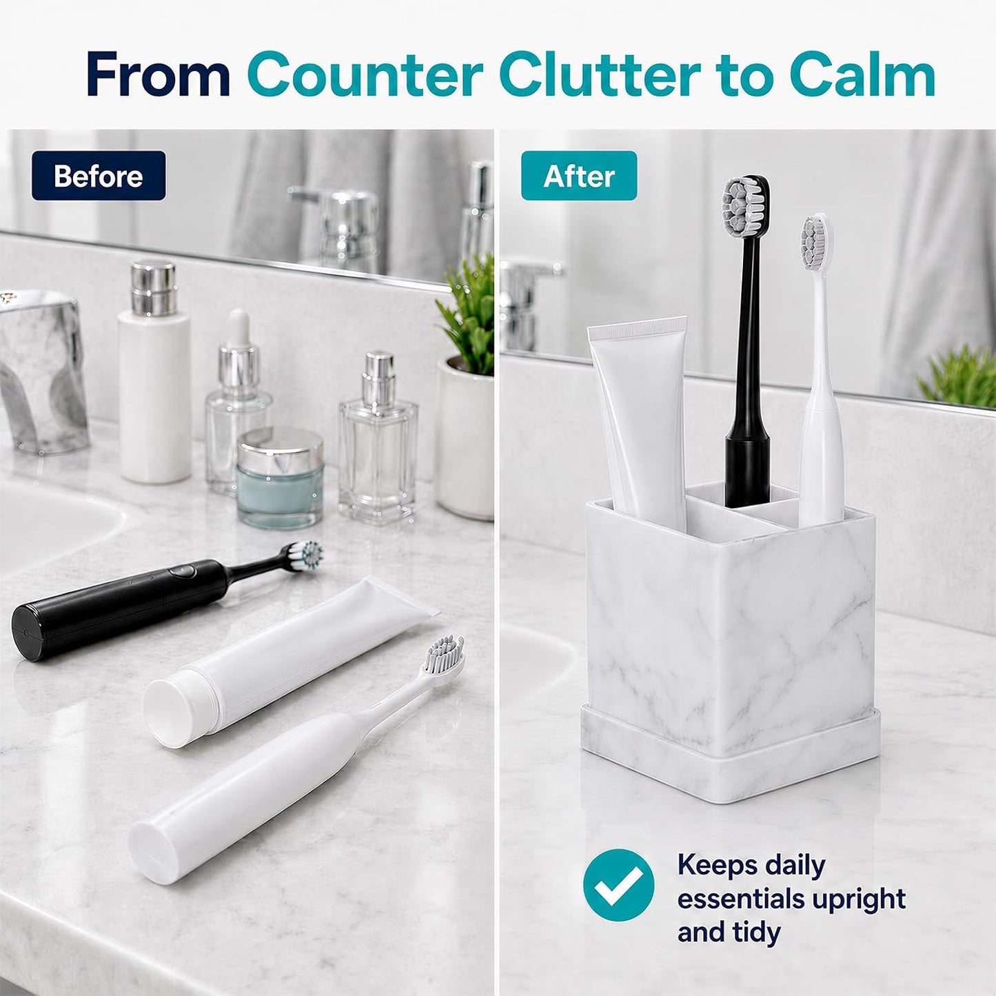Silicone Toothbrush Holders for Bathrooms with Drainage Tray, White Marble | 3 Slots Unbreakable Countertop Electric Tooth Brush and Toothpaste Holder Organizer Stand, Marble Bathroom Accessories Decor
