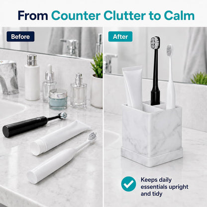 Silicone Toothbrush Holders for Bathrooms with Drainage Tray, White Marble | 3 Slots Unbreakable Countertop Electric Tooth Brush and Toothpaste Holder Organizer Stand, Marble Bathroom Accessories Decor