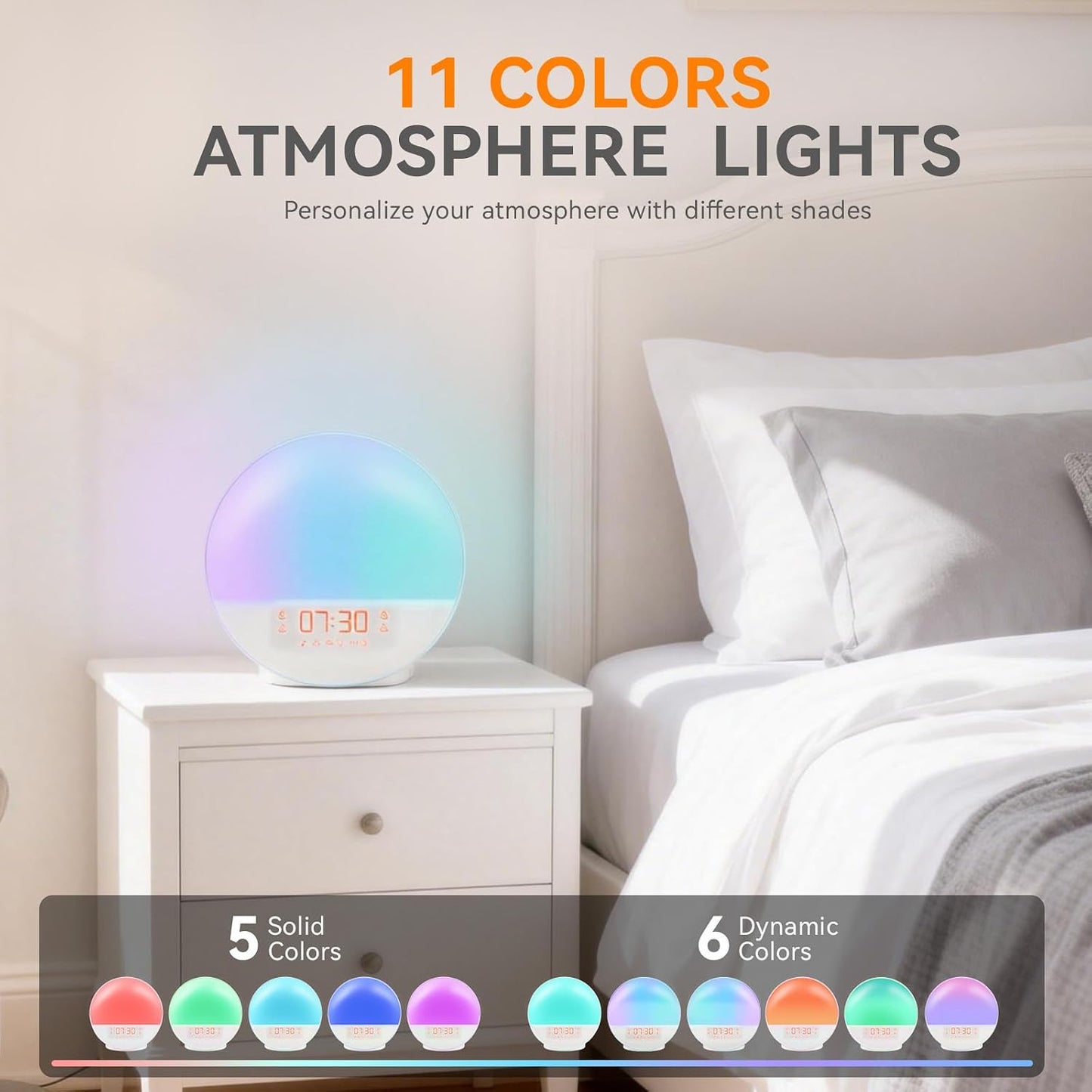Sunrise Alarm Clock with App Control for Heavy Sleepers, Bedroom, Wake Up Light with Sunrise&Sunset Simulation, White Noise Sound Machine with 11 Colors Night Lights, Dual Alarms, FM Radio