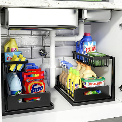 Under Sink Organizer, L-Shaped 2 Tier Pull Out Cabinet Organizer | Slide Out Sink Shelf Cabinet Storage Shelves, Under Sink Storage for Kitchen Bathroom Cabinet, White, 1 Pack