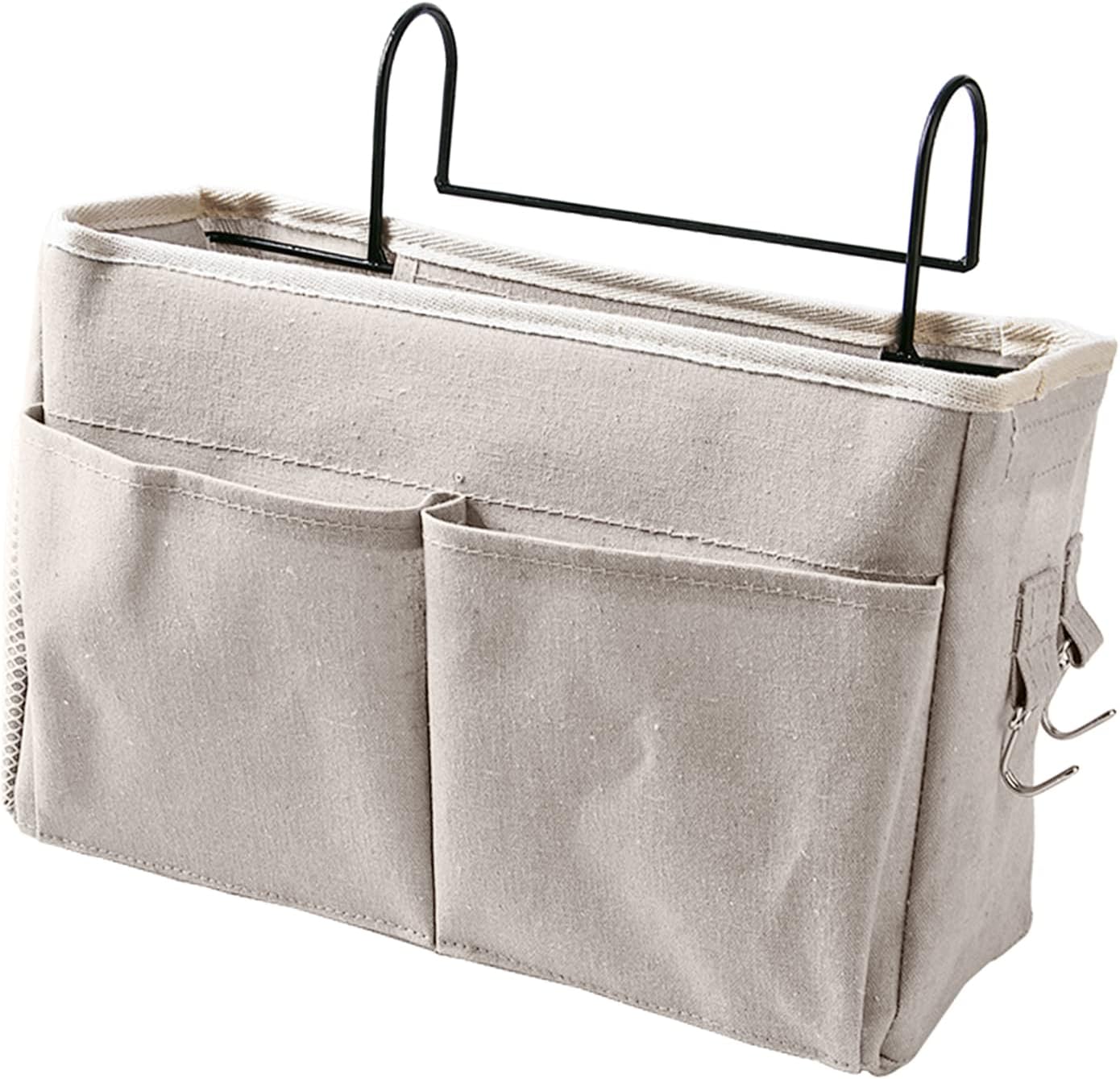 Bedside Caddy Hanging Bed Organizer Storage Bag Pocket for Dorm Rooms Bed Rails Nightstand Hanging Bag Cotton Linen Bedside Storage Pocket Organizer Basket for Bunk Bed Dorm Rooms(Grey)