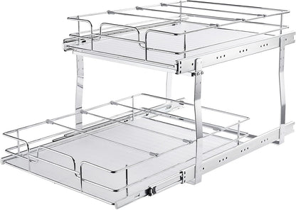 VEVOR Pull Out Cabinet Organizer, 14" Wx21.2 Dx15.2 H Heavy 2 Tier Duty Slide Out Pantry Shelves, Chrome-Plated Steel Roll Out Drawer for Under Sink, 15.5" Wx22.5 Dx19 H Install Size for Cabinet