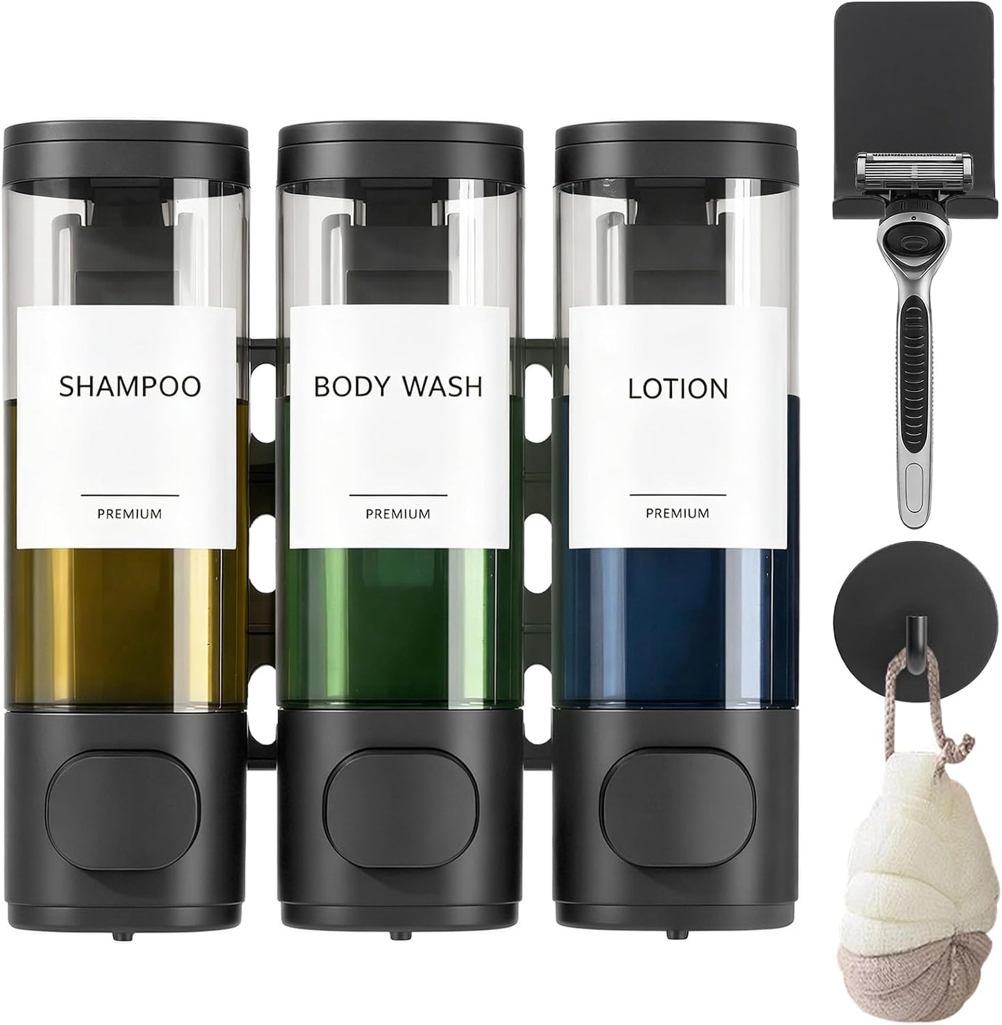 GMISUN Shower Soap Dispenser Wall Mounted with Razor Holder & Loofah Hook, No Drill Design Shampoo and Conditioner Dispenser, Plastic Shower Soap Dispenser Bottles with Labels Set of 3,Satin Silver