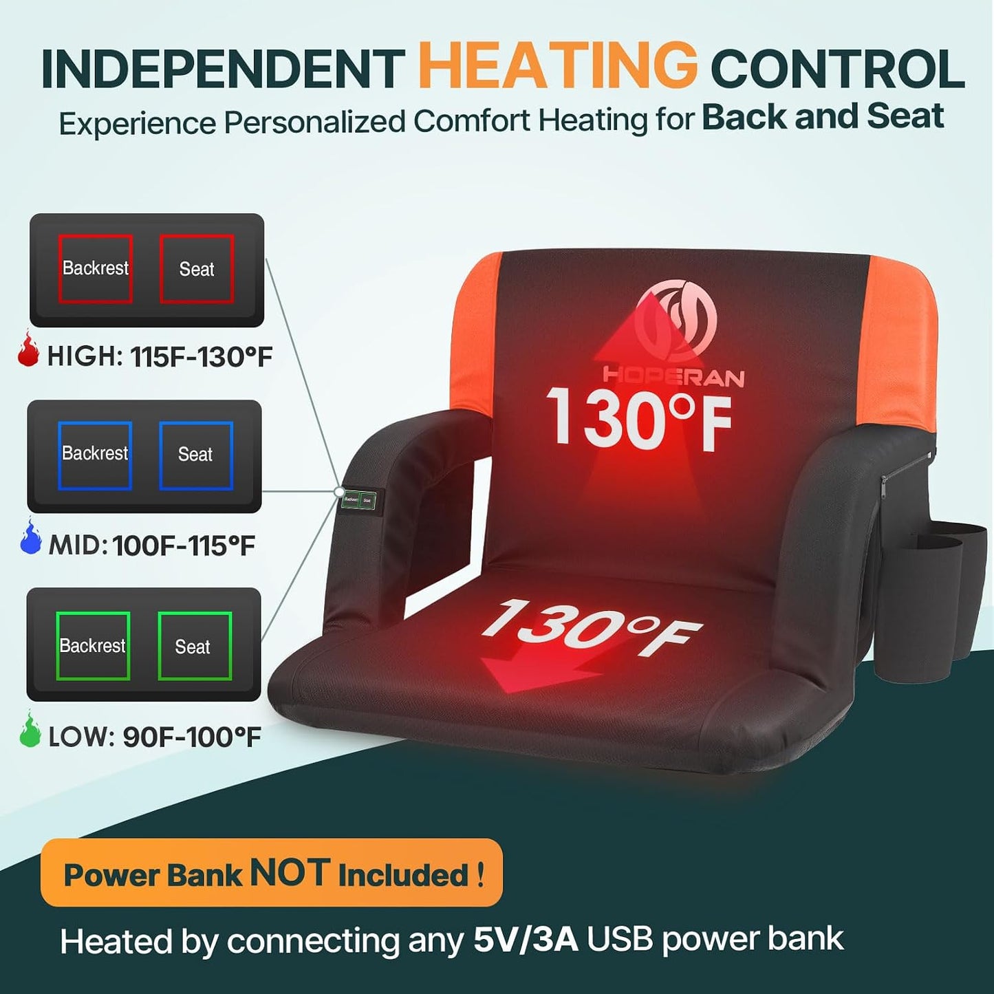 HOPERANHeated Stadium Seats Orange | Independent Seat & Back 3 Level Heat (NO Battery), Soft Cushion, 6 Recliner, Anti-Slip, Side Pockets, Backpack Straps