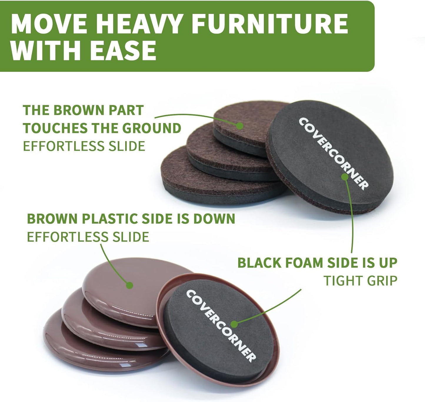 Furniture Sliders for Carpet and Hardwood, 8 PCS 3 1/2", Brown | Furniture Sliders for Hardwood Floors, Sliders for Moving Furniture, Furniture Movers Sliders, Combo Pack, Square