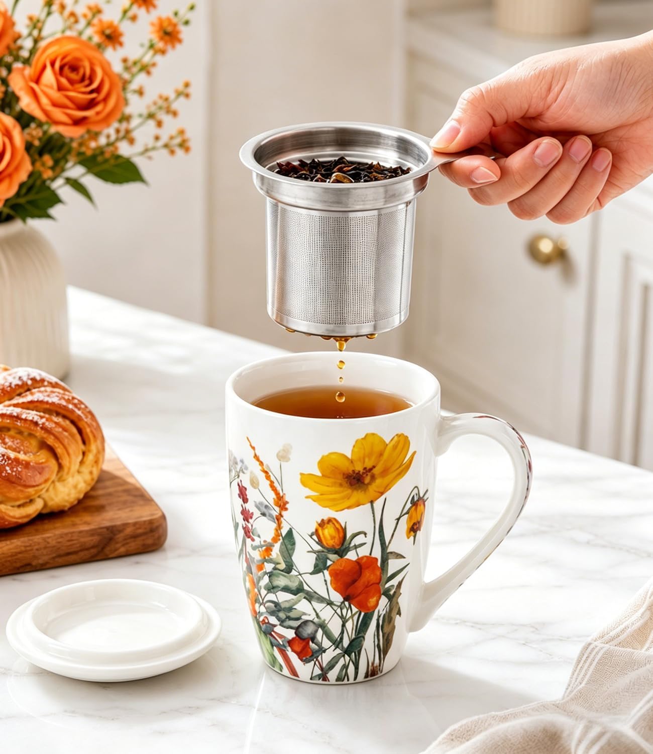 AmorArc Tea Cup With Infuser and Lid, 18oz Loose Leaf Tea Mug With Steeper | Porcelain Tea Mug With Infuser and Lid, Strainer Tea Cup for Tea Lovers, Home & Office, Housewarming Birthday Gift