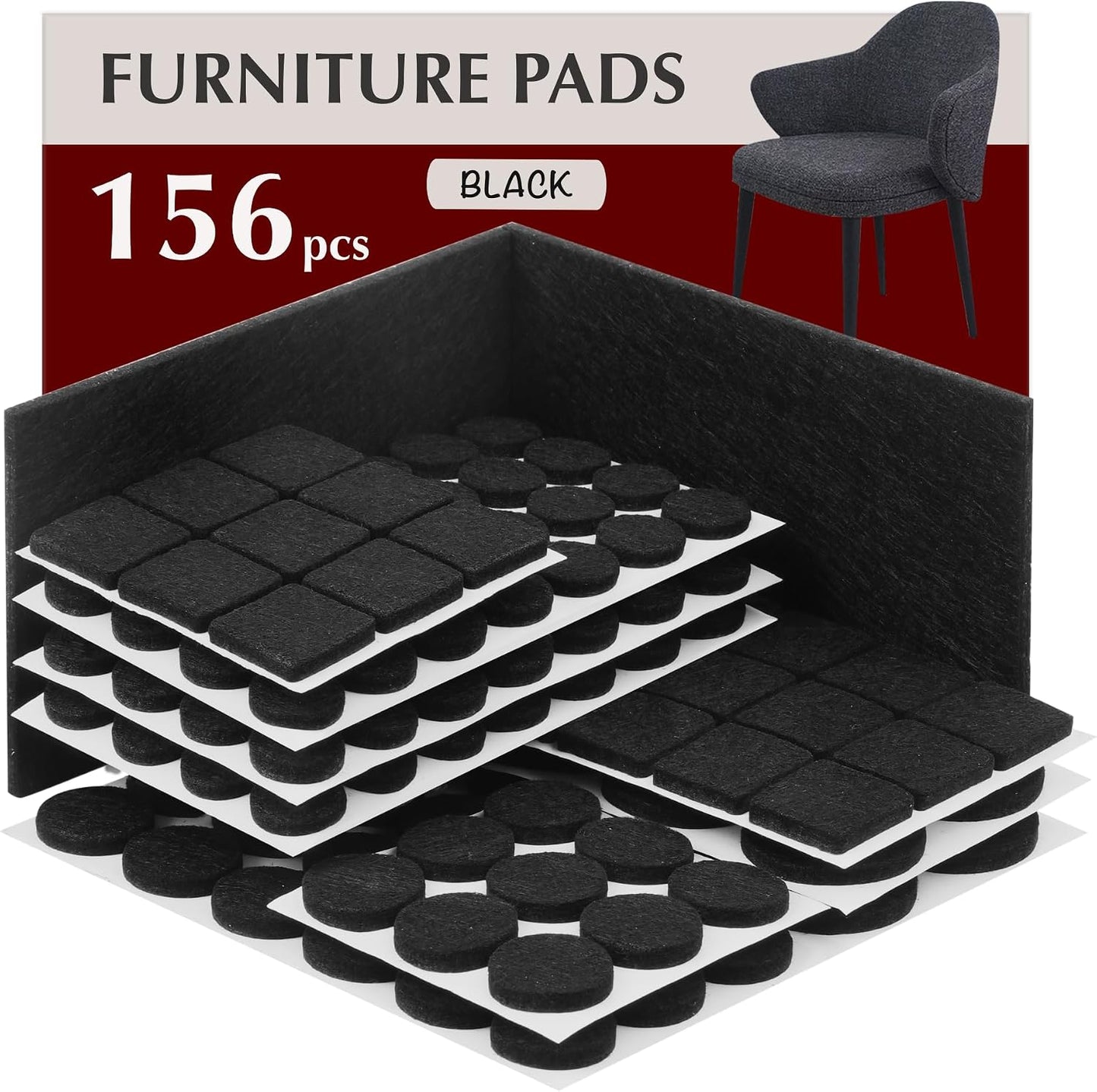 Felt Furniture Pads - 156pcs Black - Chair Leg Floor Protectors - Felt Pads | Furniture Sliders for Hardwood Floors, Chair Foot Pads, Furniture Legs, Felt Pads for Chairs, Floor Protectors for Furniture