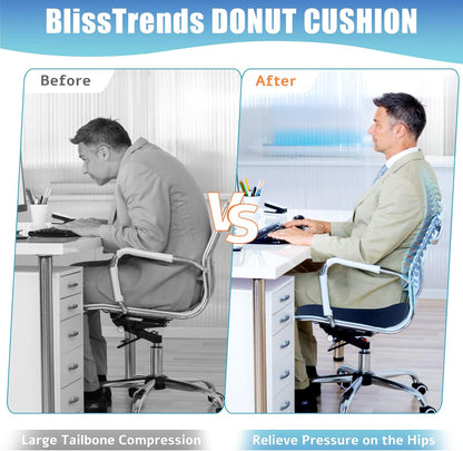 BlissTrends Donut Pillow Seat Cushion, Memory Foam Lifting Cushions(Black) | Donut Chair Cushions for Postpartum Pregnancy & Hemorrhoids,Tailbone Pain Relief Cushion for Office&Home Chairs